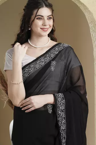 black Hand embroidered georgette chikankari saree with blouse