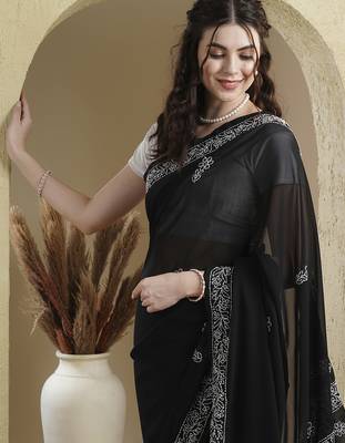 black Hand embroidered georgette chikankari saree with blouse 5