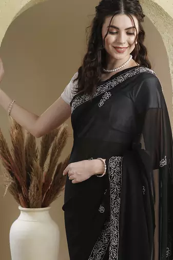 black Hand embroidered georgette chikankari saree with blouse