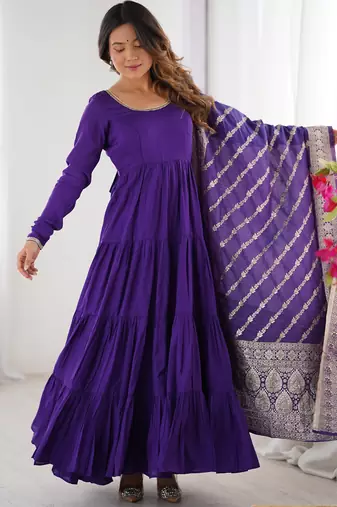 Purple Chanderi Anarakali Suit With Banarasi Silk Dupatta