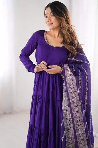 Purple Chanderi Anarakali Suit With Banarasi Silk Dupatta