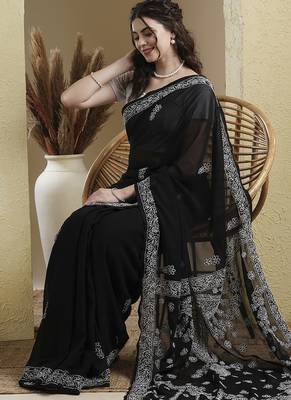 black Hand embroidered georgette chikankari saree with blouse 6