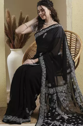 black Hand embroidered georgette chikankari saree with blouse