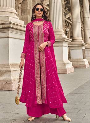 Pink embroidery & handwork jacquard silk anarkali palazzo suit - full stitched suit 1
