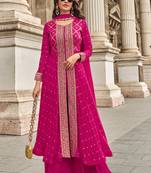 Pink embroidery & handwork jacquard silk anarkali palazzo suit - full stitched suit