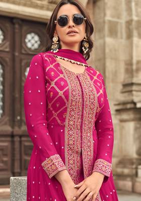 Pink embroidery & handwork jacquard silk anarkali palazzo suit - full stitched suit 2