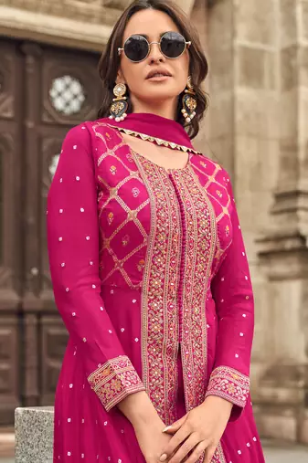 Pink embroidery & handwork jacquard silk anarkali palazzo suit - full stitched suit