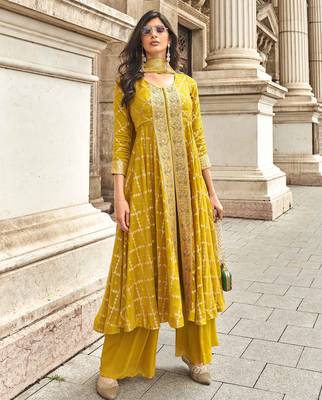 Mustard embroidery & handwork jacquard silk anarkali palazzo suit - full stitched suit 1