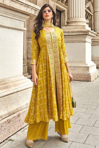 Mustard embroidery & handwork jacquard silk anarkali palazzo suit - full stitched suit