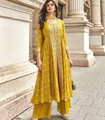 Mustard embroidery & handwork jacquard silk anarkali palazzo suit - full stitched suit