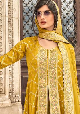 Mustard embroidery & handwork jacquard silk anarkali palazzo suit - full stitched suit 2