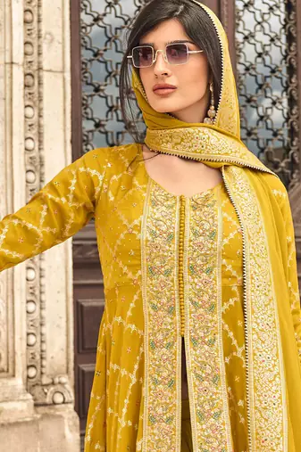 Mustard embroidery & handwork jacquard silk anarkali palazzo suit - full stitched suit