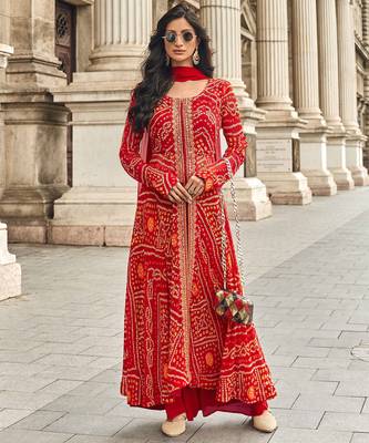 Red embroidery & handwork jacquard silk anarkali palazzo suit - full stitched suit 1