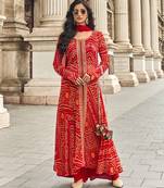 Red embroidery & handwork jacquard silk anarkali palazzo suit - full stitched suit