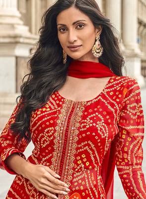 Red embroidery & handwork jacquard silk anarkali palazzo suit - full stitched suit 2