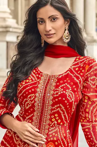 Red embroidery & handwork jacquard silk anarkali palazzo suit - full stitched suit