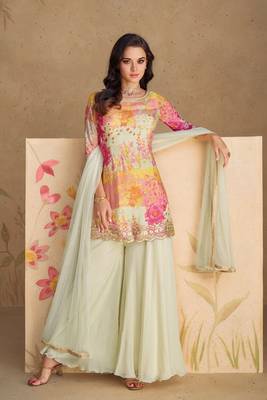 White embroidery print & sequins work chinnon silk straight palazzo suit - full stitched suit 1