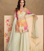 White embroidery print & sequins work chinnon silk straight palazzo suit - full stitched suit