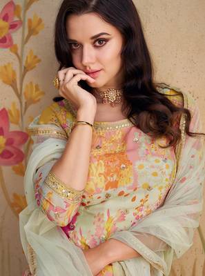 White embroidery print & sequins work chinnon silk straight palazzo suit - full stitched suit 2