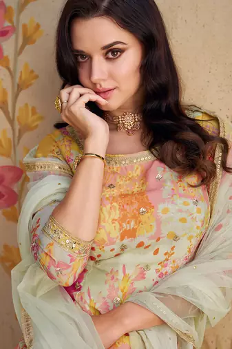 White embroidery print & sequins work chinnon silk straight palazzo suit - full stitched suit