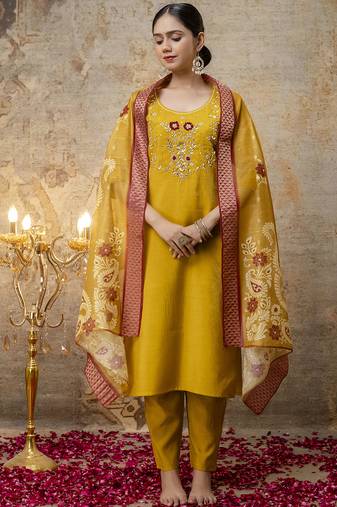 Yellow shimmer silk embroidered salwar suit