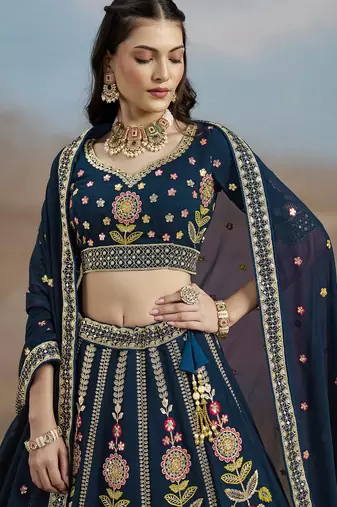 navy blue zari work georgettelehenga set choli with dupatta