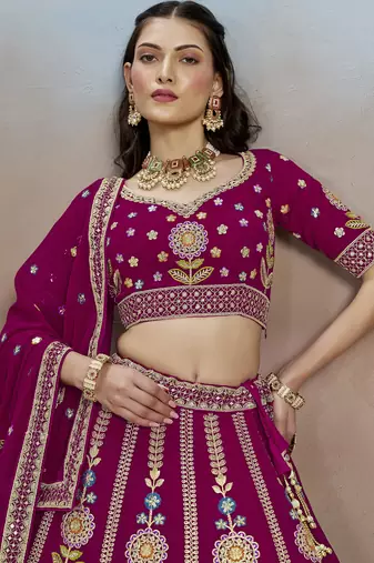 pink thread work georgette lehenga with blouse