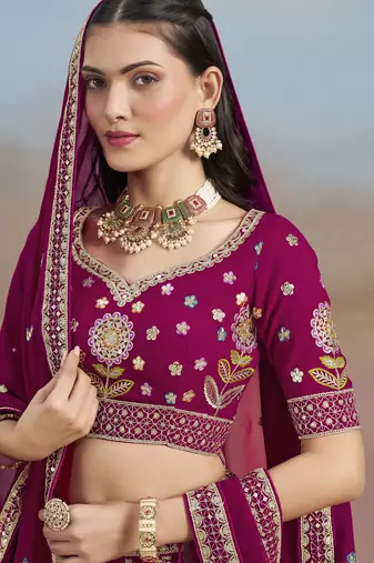 pink thread work georgette lehenga with blouse
