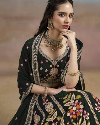 green sequins georgette lehenga set choli with dupatta with dupatta 8
