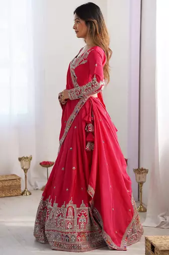 red coding work crepe silk lehenga set choli with dupatta