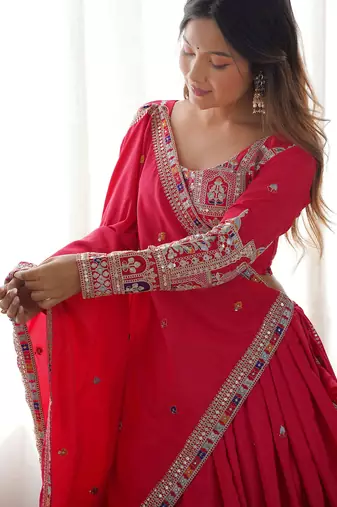 red coding work crepe silk lehenga set choli with dupatta