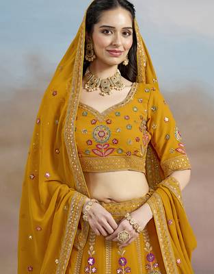 yellow zari work georgette lehenga set choli with dupatta with dupatta 6