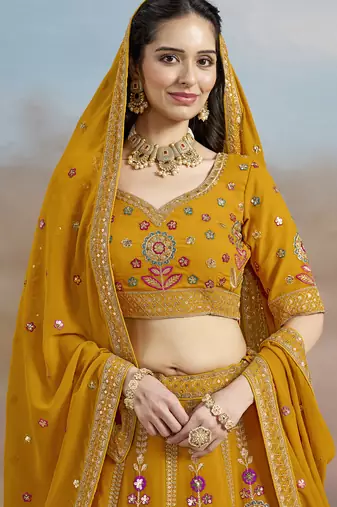 yellow zari work georgette lehenga set choli with dupatta with dupatta