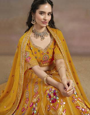 yellow zari work georgette lehenga set choli with dupatta with dupatta 7