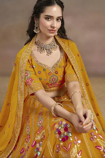 yellow zari work georgette lehenga set choli with dupatta with dupatta