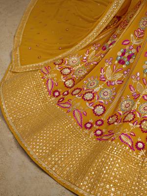 yellow zari work georgette lehenga set choli with dupatta with dupatta 8