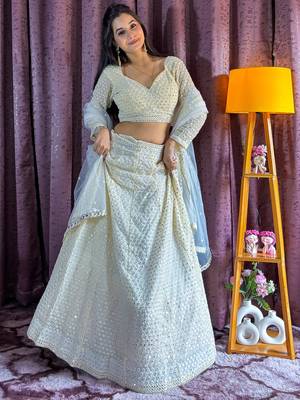 Off-White Chikankari Net Lehenga Choli 6