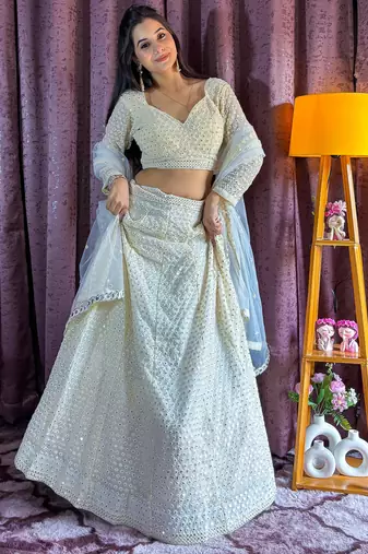 Off-White Chikankari Net Lehenga Choli