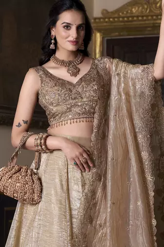 golden sequins organza wedding lehenga set choli with dupatta with dupatta