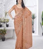 peach heavy sequin thread embroidery net saree