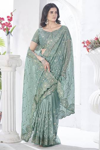 sea green heavy sequin thread embroidery net saree
