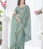 sea green heavy sequin thread embroidery net saree