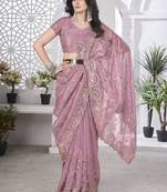 pink heavy sequin thread embroidery net saree