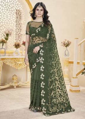 green stone thread work embroidery net saree 1