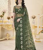 green stone thread work embroidery net saree