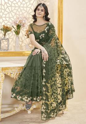 green stone thread work embroidery net saree 2
