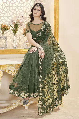 green stone thread work embroidery net saree