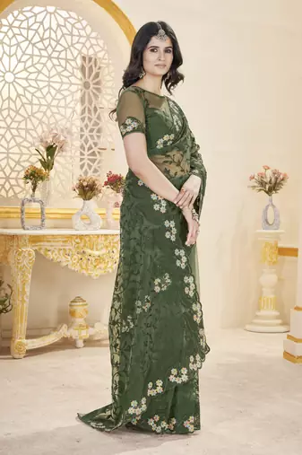 green stone thread work embroidery net saree