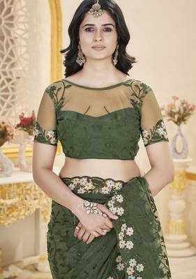 green stone thread work embroidery net saree 4