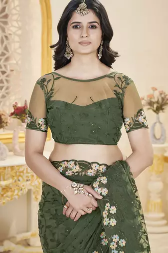 green stone thread work embroidery net saree